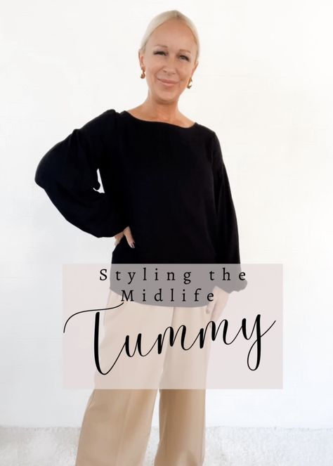 Four Fall Fashion HACKS for Styling the Midlife Tummy - Midlife Posh Closet Tummy Hiding Outfits, Mom Tummy, Mum Style, Workwear Chic, Taupe Fashion, Midlife Women, Mum Fashion, Fashion Tape, Travel Pants