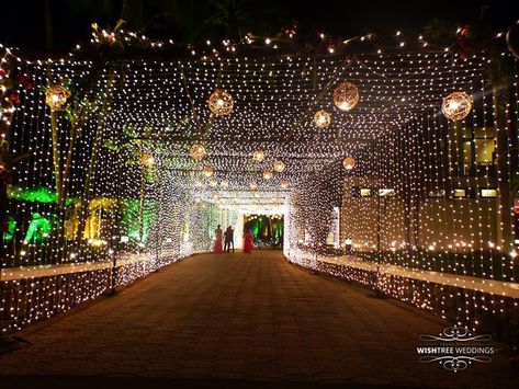 Indian Wedding Ideas & inspiration| Bridal Lehenga & Saree Photos | WedMeGood Sangeet Setup, Fairy Lights Ceiling, Pool Wedding Decorations, Wedding Backdrop Lights, Lanterns Paper, Wedding Reception Entrance, Sangeet Decor, Fairy Lights Garden, Sangeet Night