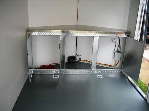 I am looking to set up my 7x12 v-nose trailer and am looking for something for the front nose cabinets and some ideas of trailer set ups. Where is the best place to get stuff from.    Post some pics of your trailer set up! Thanks Enclosed Trailer Storage, Enclosed Trailer Cabinets, Enclosed Motorcycle Trailer, Trailer Cabinets, Trailer Shelving, Enclosed Trailer Ideas, Enclosed Motorcycle, Construction Trailer, Hunting Trailer