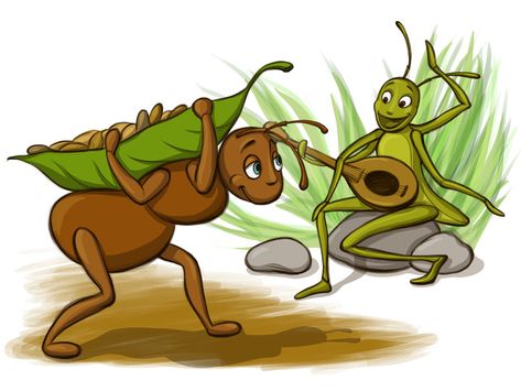 Grasshopper and the Ant by Adelya Tumasyeva at Coroflot.com Ant And Grasshopper Story Picture, Pictures Of Ants, Grasshopper Pictures, Grasshopper Images, The Ant And The Grasshopper, Learn Persian, Short Moral Stories, Story Pics, Moral Stories For Kids