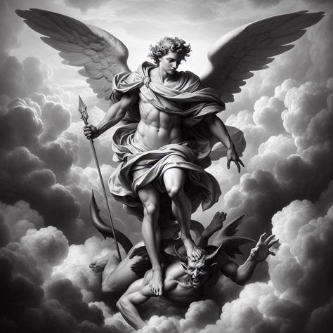 Heaven Theme Tattoo, Saint Michael Angel Tattoo, Arkangel Micheal Tattoo, St Michael The Archangel Tattoo Design, Heaven Vs Hell Tattoo, Arc Angel Tattoo, Arch Angel Michael Tattoo, Saint Michael Tattoo Design, Archangel Michael Art