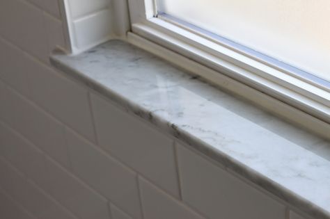 You guys!! It's #ugliestbathroomreno reveal day! I feel so badly for having made you wait so long. (I've gotten a few emails:) To be honest,... Bathroom Window Sill Ideas, Kitchen Window Sill Ideas, Bathroom Window Sill, Marble Window Sill, Ledge Decor, Window Sill Decor, Kitchen Window Sill, Window In Shower, Bathroom Window