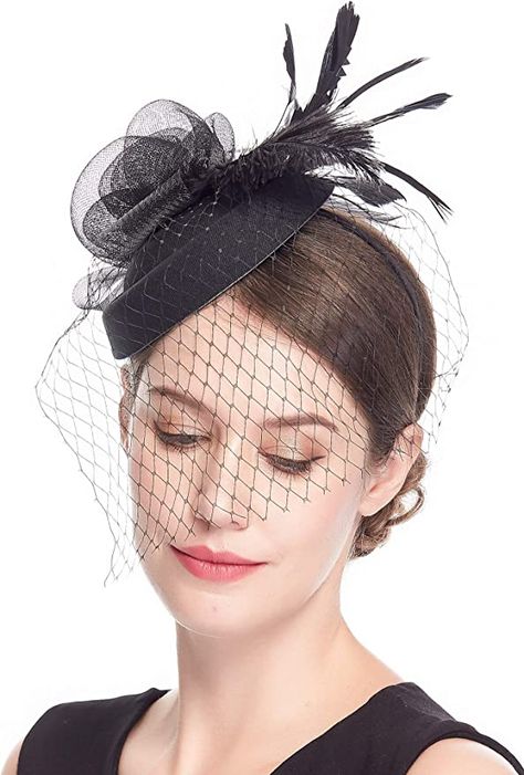 Veiled Hats Black, Big Hats For Women Vintage, Retro Hats For Women, 50s Hats Women, British Hairstyles For Women, 1920s Headwear, 1920s Hats Women, Flower Veil Wedding, Black Hats For Women