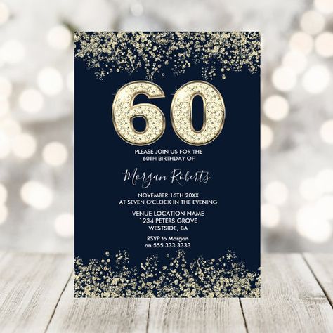 $2.60 | Navy & Gold Mens or Womans 60th Birthday Party | 60th Birthday Invitations | glitter, gold, golden, 60th birthday party, 60th birthday, mens 60th birthday, womans 60th birthday, sixtieth birthday party, navy, blue Mens Birthday Party Invitations, Confetti Invitation, 60th Birthday Party Invitations, Cake Lettering, Sixtieth Birthday, 45th Birthday, 60th Birthday Invitations, 60th Birthday Party, Glitter Wedding