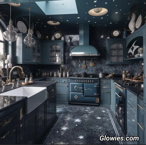 Magical Home Interior, Dark Blue Home Aesthetic, Gothic Fairycore Bedroom, Ravenclaw Kitchen, Whimsical Goth Kitchen, Space Themed Kitchen, Goth Home Ideas, Goth Kitchen Aesthetic, Whisimgoth Home