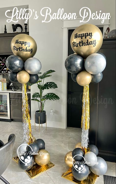 Balloon Columns Graduation, Black Gold Silver Balloon Columns, Black And Gold Balloon Pillar, Balloon Pencil Column, Crazy Tower Balloon, Friends Balloons, Happy Anniversary Gift, College Graduation Party Decorations, Reunion Decorations