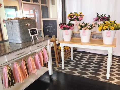 How to set up a DIY bouquet bar for a bridal shower or baby shower with IKEA products and hand-lettered signs. Flower Bouquet Bar, Bouquet Bar, Flower Boquet, Bridal Shower Flowers, Flower Cart, Flower Bar, Flower Party, Bridal Brunch, Diy Bouquet