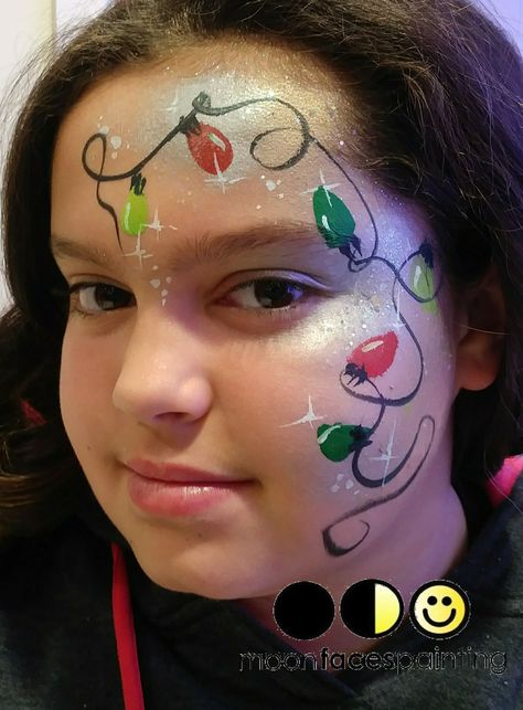 Christmas Light Face Paint, Small Christmas Face Paint Ideas, Festive Face Paint, Christmas Easy Face Painting, Christmas Theme Face Painting, Cute Christmas Face Paint, Easy Winter Face Painting, Face Painting For Christmas, Santa Face Painting