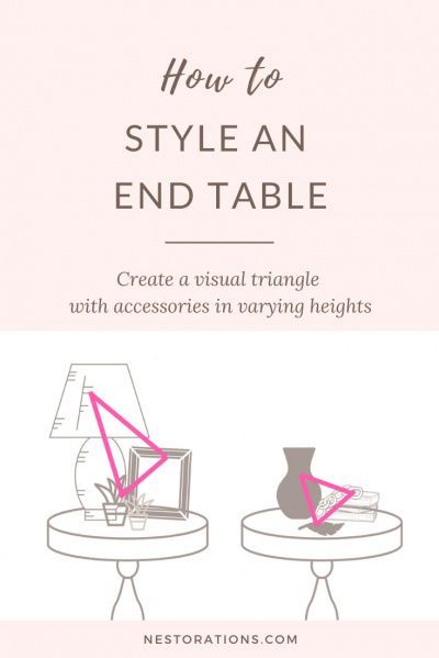 Home decor style ideas and tips. Learn how to style your end table be creating a visual triangle Styling A Round End Table, How To Home Decor Tips, Bedroom Interior Design Tips, Interior Design Rules Tips, Visual Triangle Decor, Staging End Tables, How To Decorate An Office At Home, Interior Decor Tips, Home Decor Guide