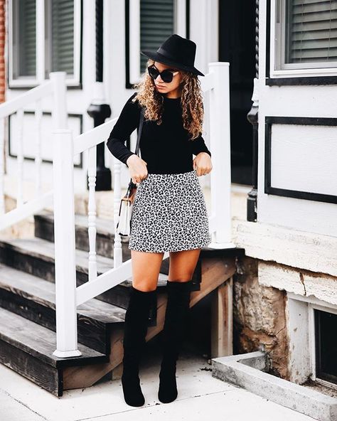 black over the knee boots outfit | heather grey mini skirt, hat, long sleeve top Black Over The Knee Boots Outfit, Fall Mini Skirt, Over The Knee Boot Outfit, Knee Boots Outfit, Leggings And Heels, Grey Mini Skirt, Fallout 3, Fall Outfits For Work, Style Inspiration Fall