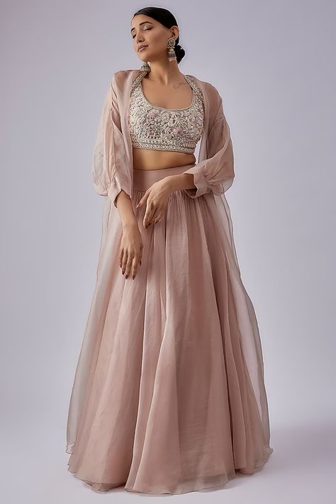 Blush Pink Organza Embroidered Jacket Lehenga Set Design by Ridhi Mehra at Pernia's Pop Up Shop 2023 Organza Jacket Lehenga, Organza Jacket Outfit Indian, Lehenga Jacket Designs, Jacket Lehenga Long, Jacket Style Lehenga Wedding, Jacket Lehenga Designer, Latest Trendy Lehenga Designs, Organza Dress Styles, Lehenga With Long Jacket