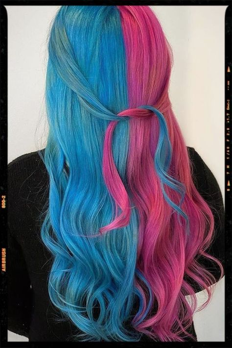 Image shared by beautymakeup. Find images and videos on We Heart It - the app to get lost in what you love. Blue And Pink Split Hair, Pink And Blue Split Dye Hair, Split Dyed Hair Blue, Blue And Pink Split Dye, Half Blue Half Pink Hair, Blue And Pink Hair Ideas, Blue And Pink Highlights, Half Pink Hair, Half And Half Hair Color