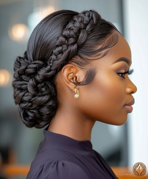 ☀️ Edgy Bride Braid Updo Glamorous Braids Updo Hairstyle Box Braids Wedding Hairstyles Updo, Wedding Natural Hairstyles Black Women, Wedding Updo Black Women, Soft Updo Hairstyles, Bride Braid, African American Updo Hairstyles, Updo For Wedding, Natural Hair Updo Wedding, Braided Bun Styles