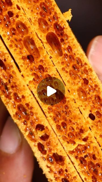 Vikas Bagul on Instagram: "*Honey comb* 200 gms Castor Sugar 100 gms Honey 10 gms Baking Soda  Method: -Take Honey and Castor Sugar in a pot and let it caramelise. -Once caramelised, add the baking soda and mix it well. -Spread it out on a silpat and let it set. -Break it down and you can use that as a garnish or simply eat it.  Please note: You can enrobe the honeycomb in chocolate and serve that as a Enrobed Praline." How To Make Honey Comb, Honey Combs, How To Decrystallize Honey, How To Extract Honey From The Comb, Decrystalizing Honey, Honeycomb Recipe, Honey Crystalized, Black Sesame, Candied Nuts