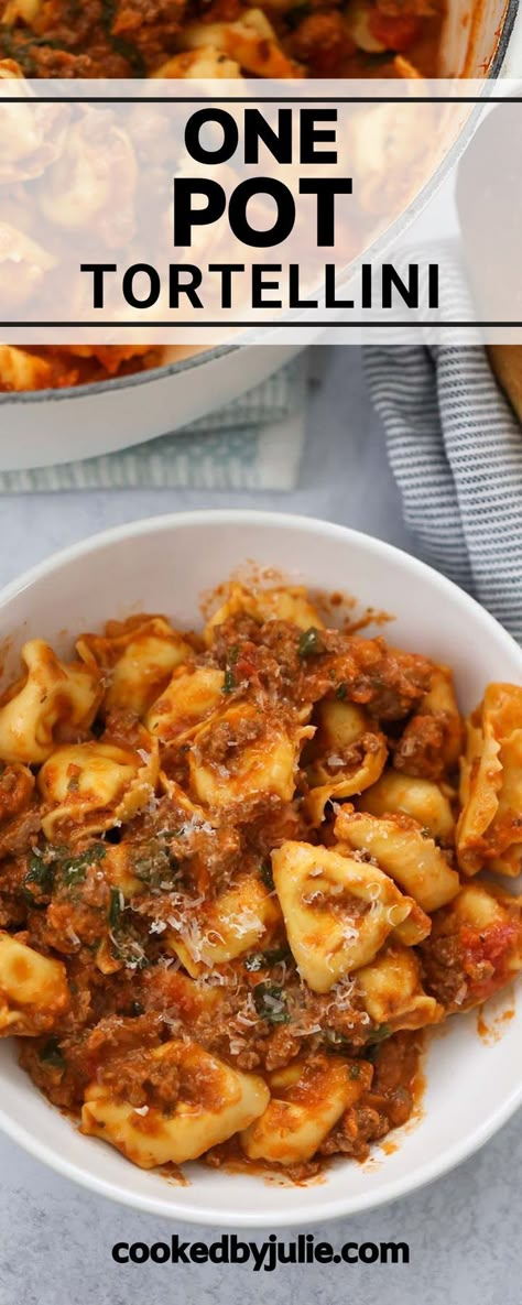 This one-pot tortellini is a quick and easy pasta recipe that cooks in under 30 minutes! The ground beef is browned in a skillet and then simmers in a creamy tomato sauce with five cheese tortellini and spinach. Make this delicious tortellini and serve it with crusty Italian bread and vegetable salad for an easy, comforting meal. Tortellini With Pasta Sauce, Tortellini Recipes Stove Top, Tortellini With Marinara Sauce, Tortellini Ground Beef Recipes, One Pot Tortellini Recipes, Tortellini And Ground Beef Recipes, Instant Pot Tortellini Recipes, Tortelinni Pasta Recipes, Crock Pot Tortellini Recipes