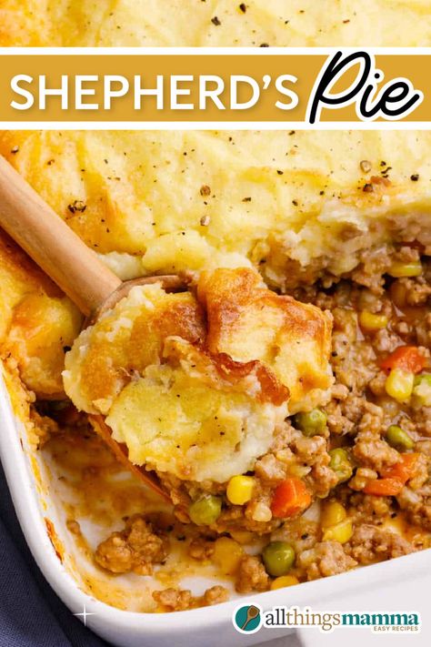 A serving of shepherd’s pie with a golden mashed potato topping, revealing the hearty meat and vegetable filling beneath. Lazy Shepards Pie, Golden Mashed Potatoes, Recipes With Diced Tomatoes, Sheppard Pie, Shepard S Pie, Pork Pot, Meat And Veggies, Fluffy Mashed Potatoes, Shepards Pie