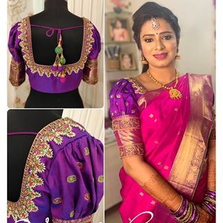 Vanitha Prasad (@vanithaprasad) • Instagram photos and videos Buff Blouse Designs For Silk Saree, Buff Blouse Designs, Buff Sleeve Saree Blouse, Buff Sleeves Blouse Designs, Trending Blouse Designs, Cold Shoulder Blouse Designs, Blouse Designs For Saree, Trending Blouse, Black Blouse Designs