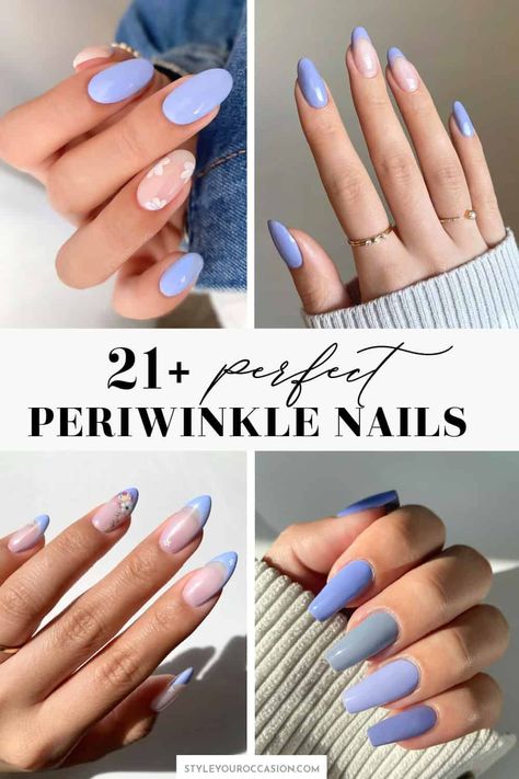 One Color Almond Acrylic Nails, Almond Nails Designs Lavender, Short Acrylic Nails Periwinkle, Spring Nails Periwinkle, Nails To Match Periwinkle Dress, Periwinkle Toe Nails, Periwinkle Nails Designs Summer, Periwinkle Blue Nails Designs, Short Periwinkle Nails