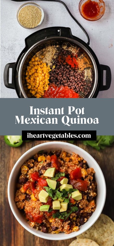 This Instant Pot Mexican-inspired quinoa is an easy “dump and go” recipe. Simply add the ingredients to your pressure cooker, turn it on, and dinner is ready in minutes! Instant Pot Freezer Dump Meals Healthy, Mexican Quinoa Instant Pot, Quinoa Pressure Cooker, Slow Cooker Quinoa Recipes, Instant Pot Quinoa Recipes Easy, Instant Pot Rio Recipes, Instapot Quinoa Recipe, Instant Pot Veggie Recipes, Healthy Instant Pot Breakfast Recipes