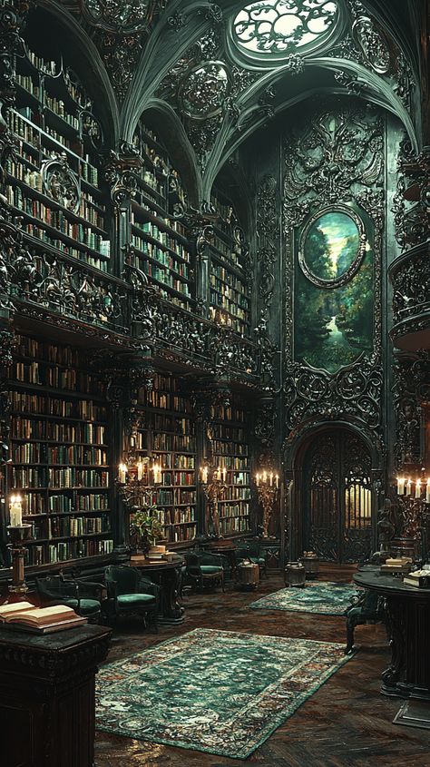 "Enchanting Gothic Library Ideas: Dark Wood & Candlelit Ambiance" Dark Purple Library Aesthetic, Dark Manor Aesthetic, Ancient Library Aesthetic, Green Library Aesthetic, Victorian Library Aesthetic, Gothic Library Aesthetic, Dark Castle Aesthetic Interior, Castlecore Aesthetic, Greek Library