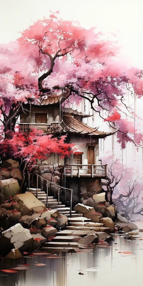 Japanese Art Painting, Japanese Images, Japanese Paintings, Asian Landscape, Landscape Japan, Japan Landscape, Chinese Landscape Painting, Chinese Art Painting, Geisha Art