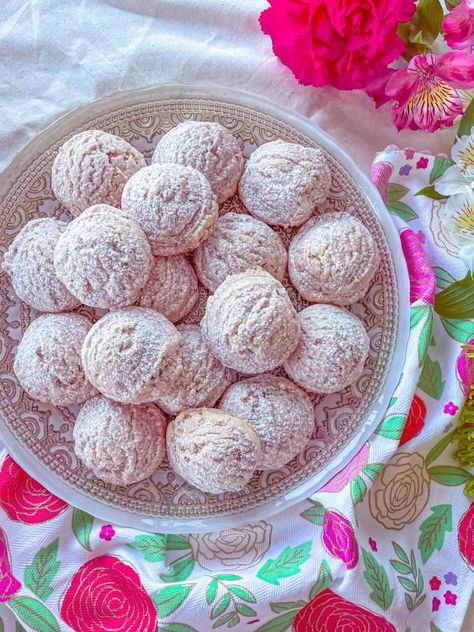 Rose Tea Cake Cookies - Sweet Simple Masala Tea Cake Cookie Recipe, Russian Tea Cakes Recipe, Fusion Desserts, Tea Cake Cookies, Russian Tea Cake, Mexican Wedding Cookies, Almond Butter Cookies, Tea Cakes Recipes, Eggless Desserts