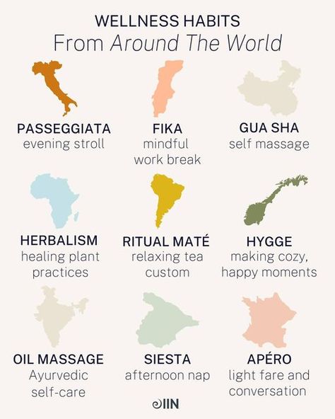 Integrative Nutrition - IIN on Instagram: "Bonus Global Wellness Day points for doing all of the above this weekend. What are some of your favorite wellness tips, tricks, and practices from around the globe? #nutritionschool #globalwellnessday #wellness #rituals #healthyhabits #healthylifestyle #herbalism #fika #hygge #siesta #tea #morningroutine #community #wellbeing" Ayurvedic Practices, Wellness Day, Wellness Habits, Integrative Nutrition, Health Practices, Relaxing Tea, Healing Plants, Self Massage, Health Coaching