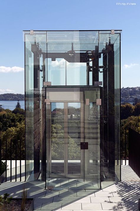 Exterior glass lift or elevator is a nice way to get down to the pool area.: Panoramic Lift, Apartment Elevation, Stair Elevator, House Lift, Elevator Interior, Glass Lift, Glass Elevator, Elevator Design, Exterior Stairs