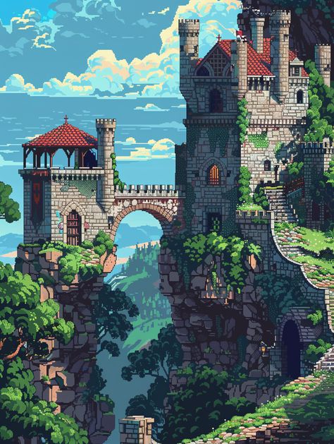 Pixel Art Medieval Videogame: Castle Level School Castle Aesthetic, Gothic Castle Concept Art, Old Castle Drawing, Medieval Town Layout, Old Castle Aesthetic, Pixel Medieval, Medieval Pixel Art, Medieval Castle Art, Tiny Glade