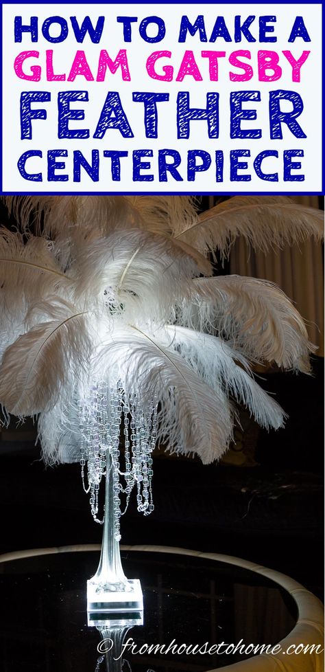 Want to make your own glam DIY feather centerpiece for your wedding or other special event? This easy step-by-step tutorial will teach you how. 20s Centerpieces, Masquerade Centerpieces, Ostrich Feather Centerpieces, Gatsby Party Decorations, Diy Feather, Feather Bouquet, Purple Feathers, Eiffel Tower Vases, Tower Vase