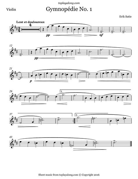 Satie - Gymnopédie No. 1 Free Violin Sheet Music, Fiddle Music, Erik Satie, Clarinet Music, Elvis Presley Music, Learn Violin, Violin Lessons, Flute Sheet Music, Music Nerd