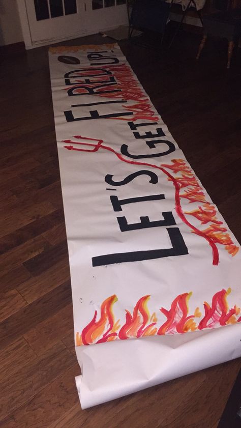 Let's get fired up football banner Spirit Banners Ideas, Cheer Signs For Volleyball, Pep Rally Posters Football, Football Pep Rally Signs, Cute Cheer Signs For Football, Hoco Football Banners, Football Pep Rally Ideas, Football Game Signs High School, Cheer Sign Ideas