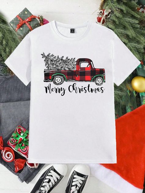 1pc Men's Casual Christmas Tree Truck Graphic Print Round Neck Short Sleeve T-Shirt, Suitable For Christmas Party White Casual  Short Sleeve Fabric Car,Christmas,Graphic,Letter  Slight Stretch Summer Men Clothing, size features are:Bust: ,Length: ,Sleeve Length: Affordable Christmas Letter Print T-shirt, Truck Christmas Shirt, Christmas Custom Print Short Sleeve T-shirt, Christmas Graphic Print Short Sleeve T-shirt, Matching Christmas Outfits, Toddler Christmas Outfit, White Christmas T-shirt With Character Print, Christmas Tree Truck, Casual Athletic