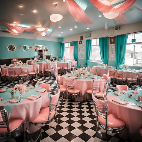 Wedding Venue, 50's Themed | According to AI AI is a great tool to gain inspiration, however remember that not everything is realistic. #AI #wedding #weddingtheme #50s #reception #weddingplanning #weddingdress #themes 50s 60s Wedding Theme, 1950s Wedding Reception, 1950s Themed Wedding, 1950s Aesthetic Wedding, 1950s Prom Theme, 50s Prom Theme, 1950 Wedding Theme, 50s Themed Wedding, 50s Inspired Wedding