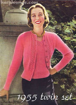 The Vintage Pattern Files: 1950S Knitting - Twin Set For Glamorous Evenings Womens Knitting Patterns, Vintage Knitwear, Vogue Knitting, Vintage Mom, Vintage Knitting Patterns, Twin Set, Garter Stitch, Knitting Women, Sweater Set