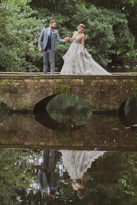 WEDDING PHOTOS | WEDDING PHOTO INSPIRATION | REFLECTION | BEAUTIFUL WEDDING DRESS | DREAM DAY | BRIDGE | STONE BRIDGE | LAKE | WEDDING ON THE WATER | Wedding Photos Near Water, Wedding Photos By The Lake, Bridge Wedding Photos, Wedding Pics By Lake, Wedding Photos Lakeside, Wedding Bridge, Pond Wedding Photos, Photo Bridge, Covered Bridge Wedding Photos