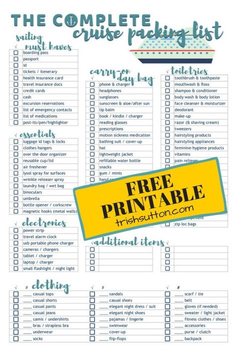 Cruise Packing List | Free Printable Complete Cruise Packing Check List Packing List Free Printable, Cruise Packing Checklist, Caribbean Cruise Packing, Cruise Checklist, Cruise Packing List, Cruise Packing Tips, Cruise Packing, Cruise Essentials, Sailing Cruises