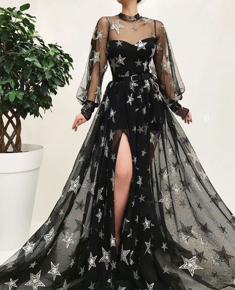 Black Star Dress, Couture Dior, High Neck Prom Dress, Long Sleeve Prom, Unique Prom Dresses, فستان سهرة, Black Tulle, Star Dress, Prom Dresses Lace