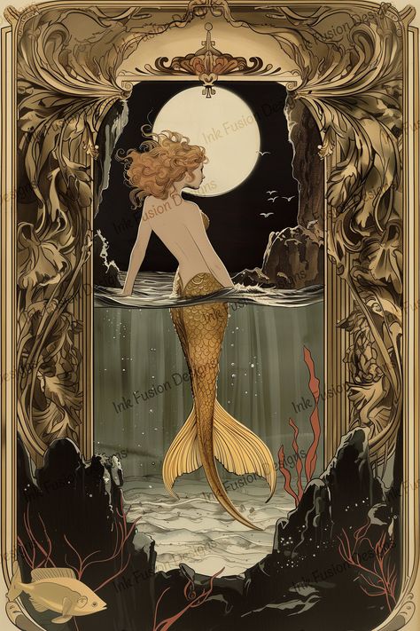 Meet Luxora, an Art Deco Mermaid. This ideal art print features a serene mermaid gazing at the full moon, framed by intricate Art Nouveau designs. This decorative art print combines vintage elegance with fantasy elements, making it a stunning piece for any creative project or decor. Characteristics: mermaid, Art Deco, moonlight, golden, serene, underwater, fantasy, elegant, vintage, ocean, goddess, Art Nouveau, intricate, dreamy, mystical, red, brown, tan, coral, gift for crafter Uses: Our decor Mermaid Mythology Art, Vintage Art Nouveau Illustration, Art Deco Mermaid, Art Nouveau Angel, Vintage Mermaid Illustration, Ocean Art Nouveau, Art Nouveau Mermaid, Mermaid Vintage Illustration, Mermaid Art Nouveau