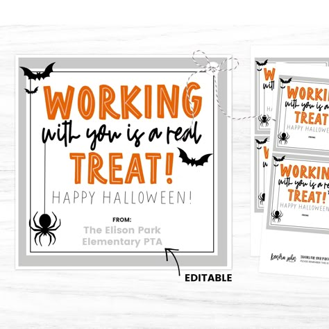 "\"Working With You Is A Real Treat! Happy Halloween!\" A quick and easy gift tag Halloween Appreciation Treat Tag for your CoWorker, Employees and Staff members! Attach to any type of treat to wish them a Happy Halloween! * Printable (Use it now!) * Editable * Fun Gift Idea * Easy to Use MORE HALLOWEEN TAGS>> https://www.etsy.com/shop/KendraJohnDesigns?ref=seller-platform-mcnav§ion_id=35139466 *EDITABLE* This PDF file is editable with Adobe Reader. Adobe Reader is free and easy to use! You will Halloween Appreciation Tags, Halloween Volunteer Appreciation, Employee Halloween Treat Bags, Thank You Halloween Tags, Trick Or Treat For Teachers, Work Halloween Gifts, Halloween For Employees, Halloween Work Gifts, Employee Halloween Treats