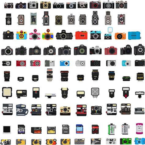 A collection of 100 pixelated camera illustrations for anybody to download and use in whatever way they see fit. Billy Brown, Photo Pixel, Pixel Camera, Old Camera, Photography Illustration, Photography Equipment, Photography Camera, 8 Bit, Photography Design