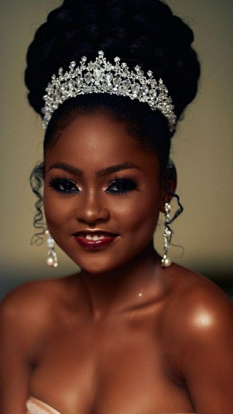 Black Wedding Hairstyles With Crown, Princess And The Frog Sweet 16 Hairstyles, Bridal Hair Inspiration Black Women, Updo Bridal Hair Black Women, Bride Hair Crown, Natural Hair Wedding Styles Updo Black Women Bridal Hairstyles, Bridal Updo With Crown, Princess Hairstyles With Tiara, Natural Wedding Hairstyles Black Bride