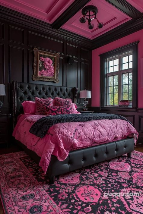 pink-bedroom-22 Pink And Black Bedroom Ideas, Pink Black Bedrooms, Pink And Black Bedroom, Hot Pink Bedrooms, Black Room Aesthetic, Black Bedroom Ideas, Black Room Decor, Bedroom Ambiance, Rustic Bedroom Decor