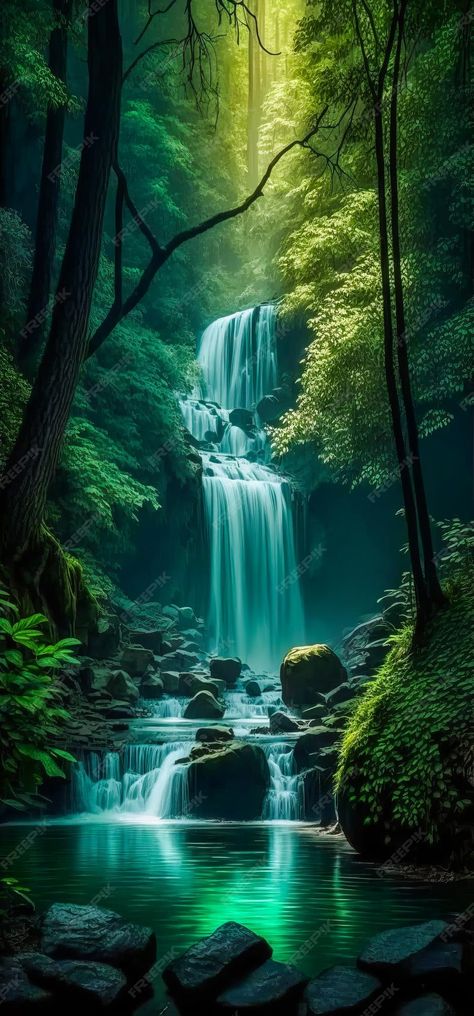 Premium Photo | An image of waterfall in the woods generative ai Photos Of Waterfalls, Rainforest With Waterfall, Fantasy Waterfall Forest, Jungle Waterfall Tattoo, Amazon Waterfall, Rain Forest Painting, Jungle Art Tropical, Tropical Forest Painting, Rainforest Drawing