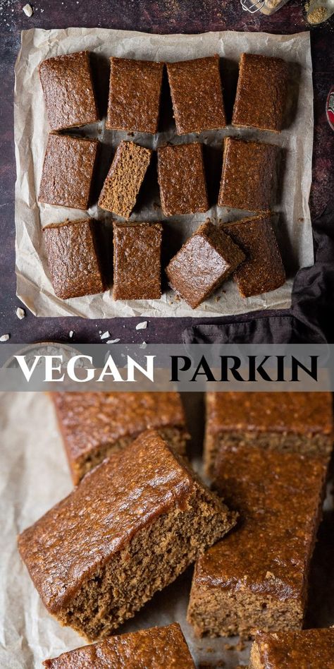 Vegan parkin - this vegan version of the classic Yorkshire parkin is a sticky, spicy ginger cake made with oatmeal. It is easy to make, incredibly moreish and perfect for bonfire night! Eggless and dairy-free. #vegancake #veganbaking #eggless #dairyfree Vegan Bonfire Food, Easy Vegan Sweet Treats, Vegan Parkin Recipe, Ginger Parkin Recipe, Parkin Cake Recipes Yorkshire, Vegan Ginger Cake, Vegan Parkin, Parkin Cake Recipe, Vegan Traybake