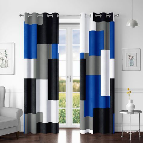 PRICES MAY VARY. 🟦100% PATTERNED BLACKOUT CURTAINS: Made of premium polyester fabric that feels soft. Each package includes 2 panels room darkening curtains with design, each panel measures 52 by 84 inches long. Each curtain panel has 8 sliver top grommet construction (grommet diameter: 1.6 inches). Suggest choosing the right size after measuring your windows. 🟦EFFECTIVE LIGHT BLOCKING: Our royal blue geometric full blackout curtains with black backs can completely block out 100 percent sunlig Curtains With Design, Black Out Curtains, Black Living Room Decor, Insulated Drapes, Drapes For Living Room, Black Living Room, Curtains For Bedroom, Quality Curtains, Insulated Curtains