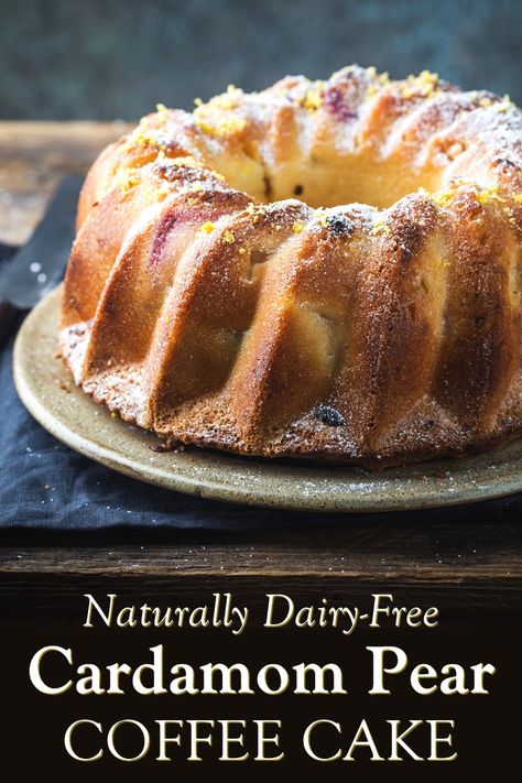 Pear And Cardamom Cake, Dairy Free Bundt Cake Recipes, Nut Free Cake Recipe, Cardamom Pear Cake, Pears Cake Recipes, Pear Cardamom Cake, Pear Bundt Cake Recipe, Pear Cake Recipes Easy, Dairy Free Bundt Cake