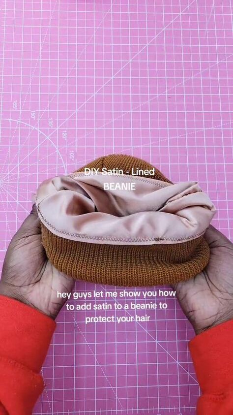 Protect Your Hair This Winter With This Easy DIY Satin-lined Beanie Diy Satin Lined Beanie, Sewing A Beanie, Silk Lined Beanie, Trapper Hat Pattern Free, Embroidered Beanie Diy, Winter Hat Diy, Satin Lined Beanie, Diy Winter Hat, Crochet Baby Sweater Pattern