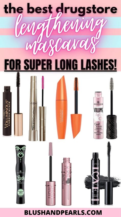 Mascara For Long Lashes, Drugstore Makeup Must Haves, Super Long Lashes, Best Lengthening Mascara, Drugstore Eyeliner, Loreal Mascara, Drugstore Eyeshadow, Best Waterproof Mascara, Makeup Shopping List