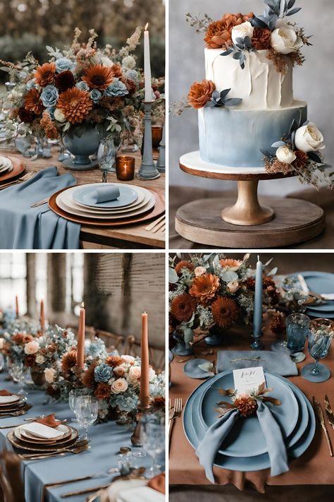 Gorgeous Burnt Sienna and Dusty Blue Wedding Color Ideas That Will Inspire You - Francisca's Bridal Blue And Orange Fall Wedding, Terracotta Wedding Color, Orange Wedding Color Palette, Blue Fall Wedding, Unique Fall Wedding, Winter Wedding Color Ideas, Fall Wedding Color Ideas, Wedding Color Palette Ideas, Wedding Color Schemes Blue